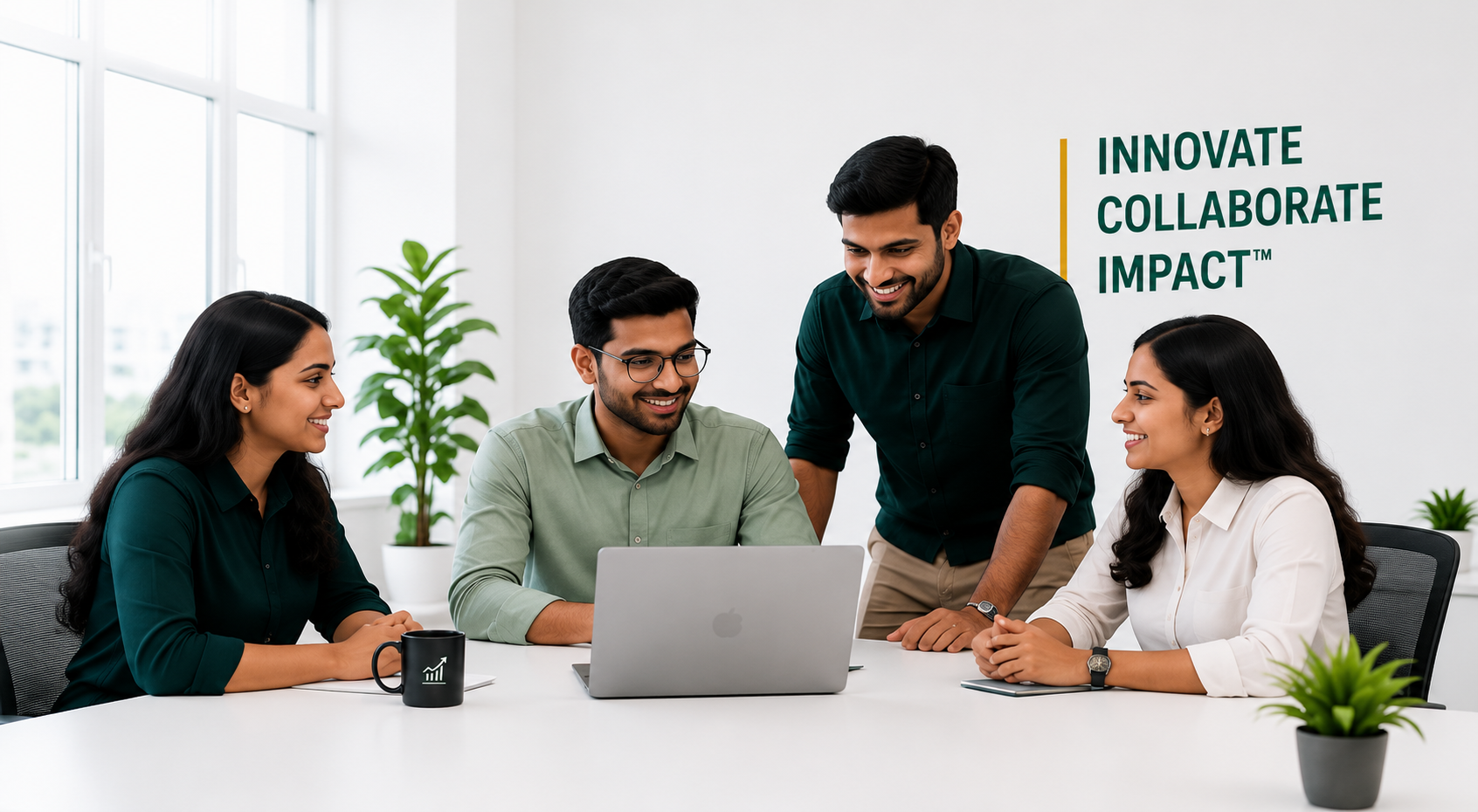 Tech Green Steps team collaborating together in the office — Innovate, Collaborate, Impact