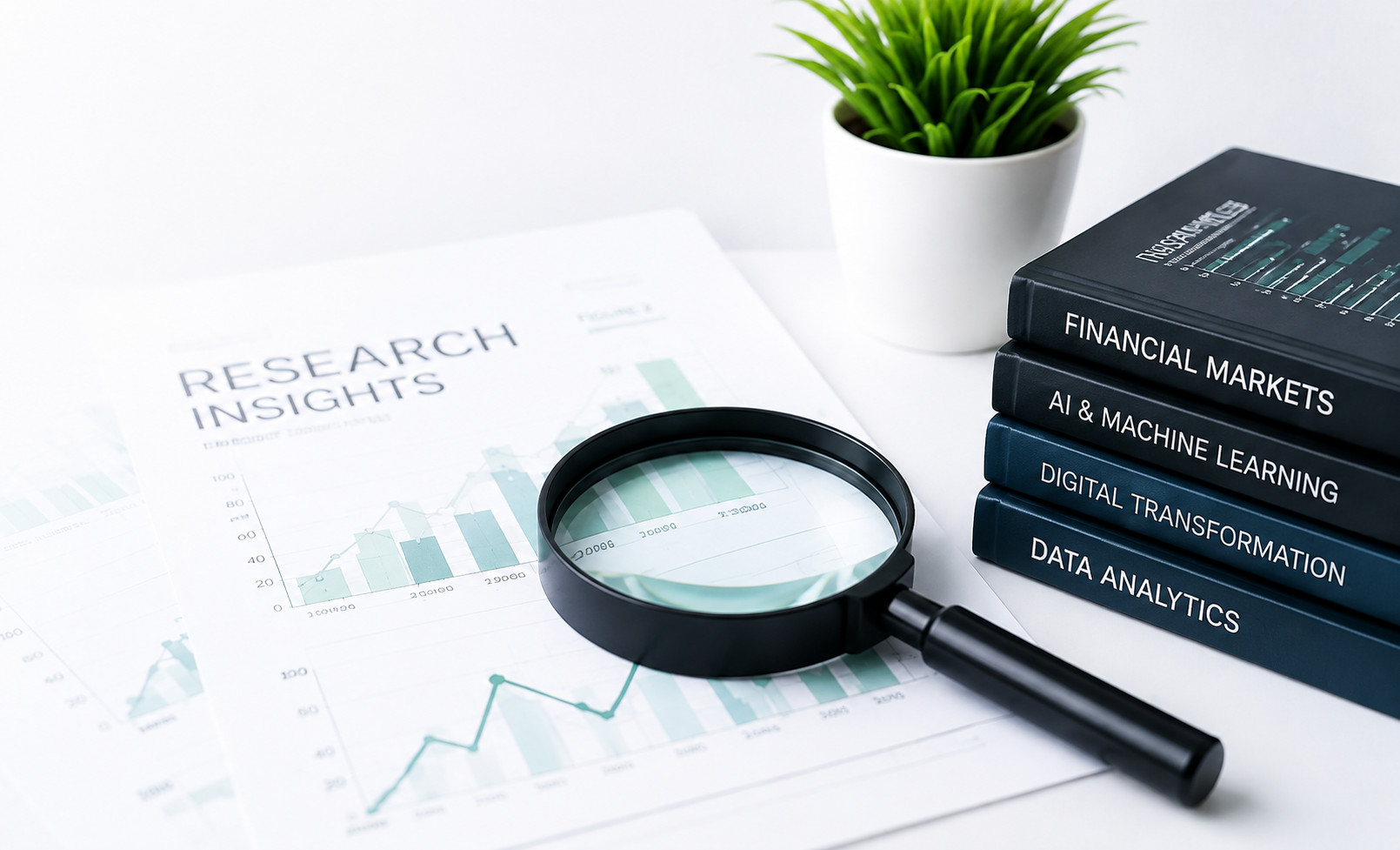 Research insights - charts, magnifying glass and reference books